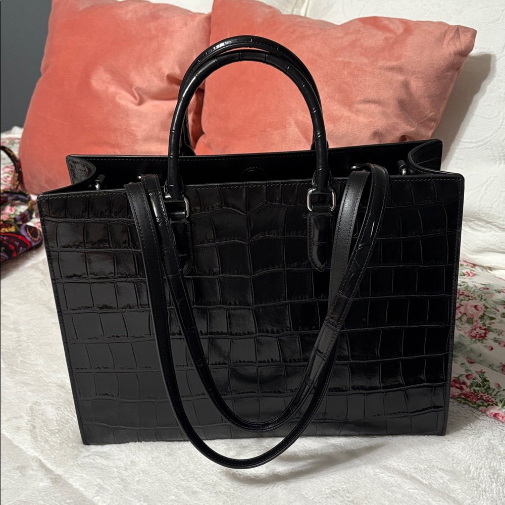 Coach Glossy Black Croc Embossed Handbag - Picture 3 of 5